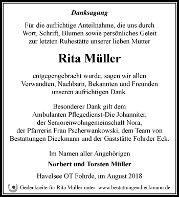 Traueranzeige von Rita Müller von Märkische Oderzeitung