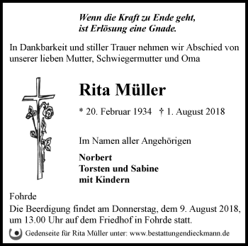 Traueranzeige von Rita Müller von Märkische Oderzeitung