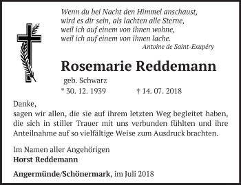 Traueranzeige von Rosemarie Reddemann von Märkische Oderzeitung