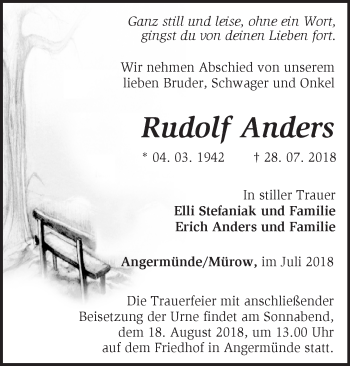 Traueranzeige von Rudolf Anders von Märkische Oderzeitung