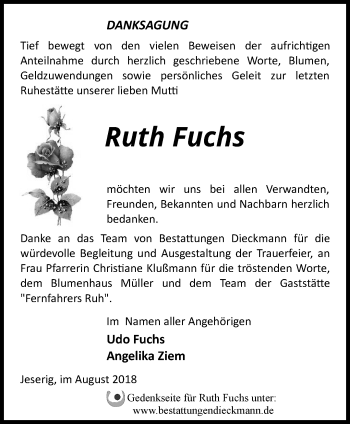 Traueranzeige von Ruth Fuchs von Märkische Oderzeitung