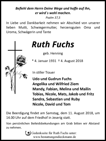 Traueranzeige von Ruth Fuchs von Märkische Oderzeitung