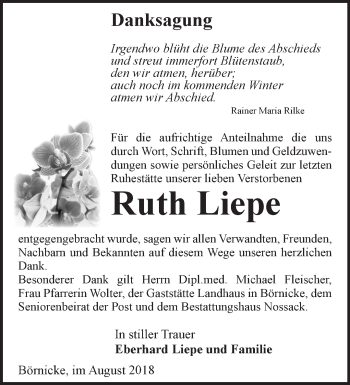 Traueranzeige von Ruth Liepe von Märkische Oderzeitung