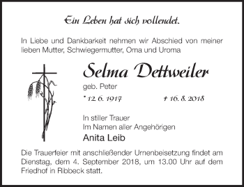 Traueranzeige von Selma Dettweiler von Märkische Oderzeitung