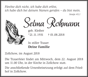 Traueranzeige von Selma Rohmann von Märkische Oderzeitung