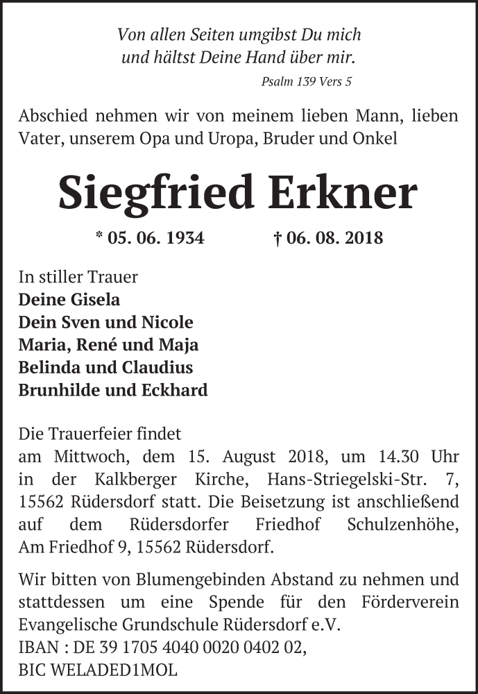  Traueranzeige für Siegfried Erkner vom 11.08.2018 aus Märkische Oderzeitung