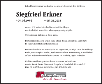 Traueranzeige von Siegfried Erkner von Märkische Oderzeitung