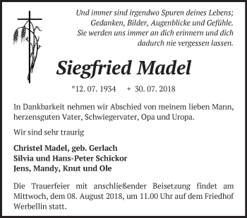 Traueranzeige von Siegfried Madel von Märkische Oderzeitung