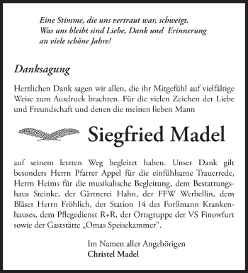 Traueranzeige von Siegfried Madel von Märkische Oderzeitung