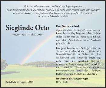 Traueranzeige von Sieglinde Otto von Märkische Oderzeitung