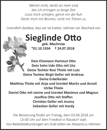 Traueranzeige von Sieglinde Otto von Märkische Oderzeitung