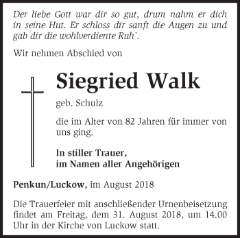 Traueranzeige von Siegried Walk von Märkische Oderzeitung