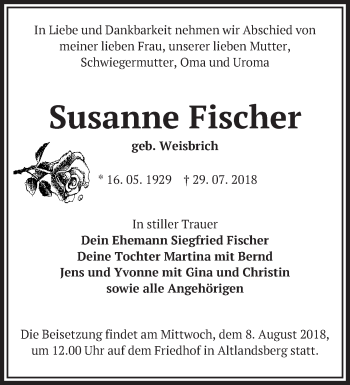 Traueranzeige von Susanne Fischer von Märkische Oderzeitung