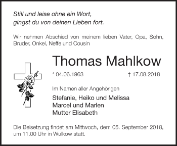 Traueranzeige von Thomas Mahlkow von Märkische Oderzeitung