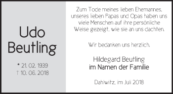 Traueranzeige von Udo Beutling von Märkische Oderzeitung