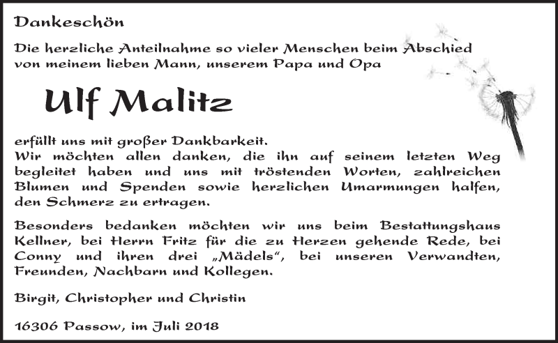  Traueranzeige für Ulf Malitz vom 19.08.2018 aus Märkische Oderzeitung