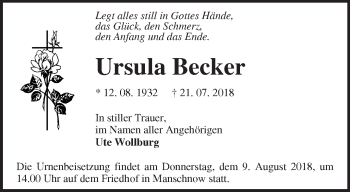 Traueranzeige von Ursula Becker von Märkische Oderzeitung