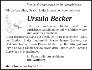 Traueranzeige von Ursula Becker von Märkische Oderzeitung