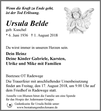 Traueranzeige von Ursula Belde von Märkische Oderzeitung