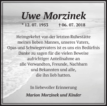 Traueranzeige von Uwe Morzinek von Märkische Oderzeitung