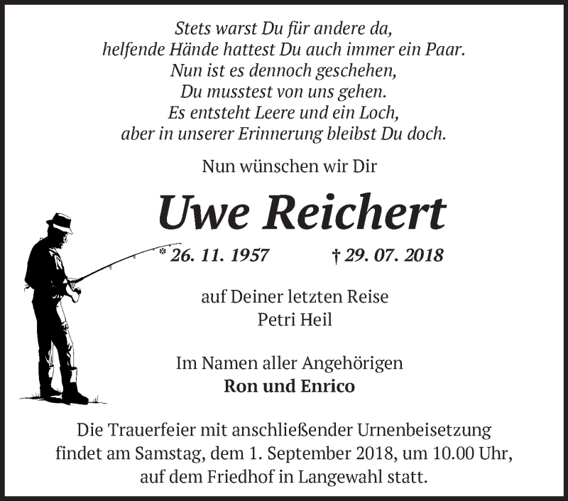  Traueranzeige für Uwe Reichert vom 26.08.2018 aus Märkische Oderzeitung