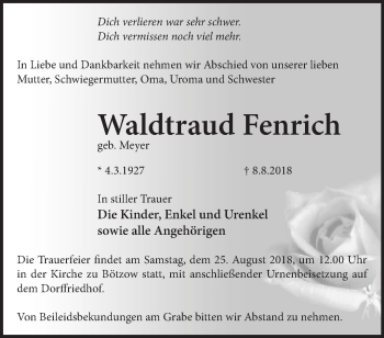 Traueranzeige von Waldtraud Fenrich von Märkische Oderzeitung