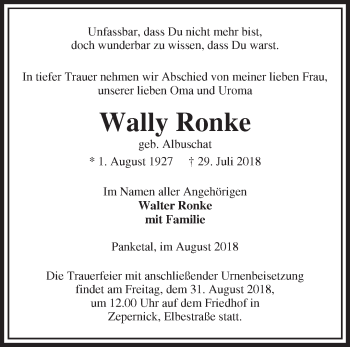 Traueranzeige von Wally Ronke von Märkische Oderzeitung