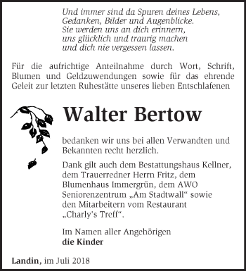 Traueranzeige von Walter Bertow von Märkische Oderzeitung