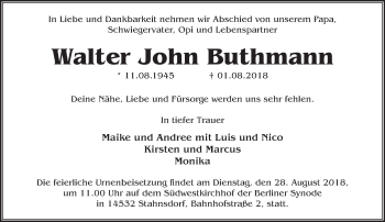 Traueranzeige von Walter John Buthmann von Märkische Oderzeitung