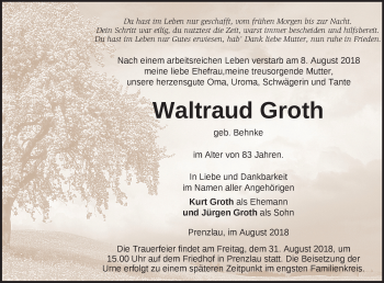 Traueranzeige von Waltraud Groth von Märkische Oderzeitung