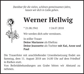 Traueranzeige von Werner Hellwig von Märkische Oderzeitung