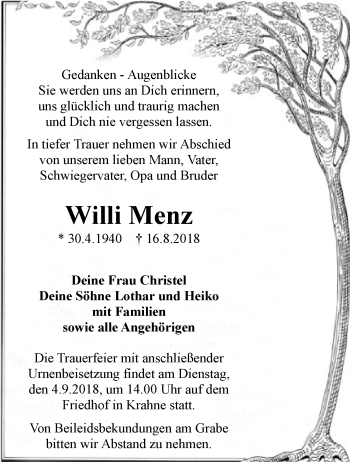 Traueranzeige von Willi Menz von Märkische Oderzeitung