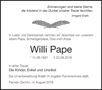 Traueranzeige von Willi Pape von Märkische Oderzeitung