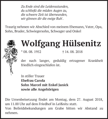 Traueranzeige von Wolfgang Hülsenitz von Märkische Oderzeitung