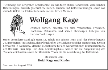 Traueranzeige von Wolfgang Kage von Märkische Oderzeitung