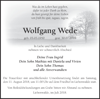 Traueranzeige von Wolfgang Wede von Märkische Oderzeitung