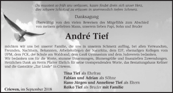 Traueranzeige von Andre Tief von Märkische Oderzeitung