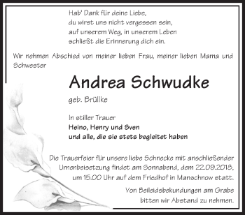 Traueranzeige von Andrea Schwudke von Märkische Oderzeitung