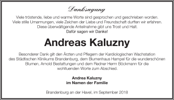 Traueranzeige von Andreas Kaluzny von Märkische Oderzeitung