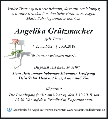 Traueranzeige von Angelika Grützmacher von Märkische Oderzeitung