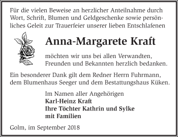 Traueranzeige von Anna-Margarete Kraft von Märkische Oderzeitung