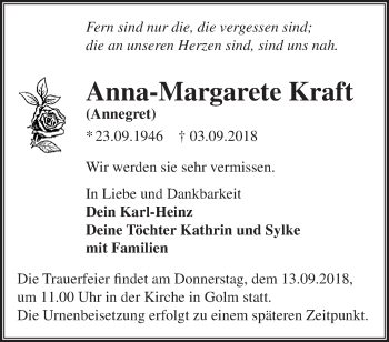 Traueranzeige von Anna-Margarete Kraft von Märkische Oderzeitung