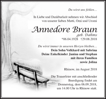 Traueranzeige von Annedore Braun von Märkische Oderzeitung