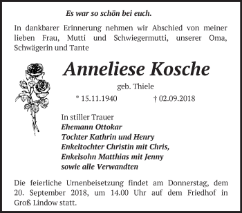 Traueranzeige von Anneliese Kosche von Märkische Oderzeitung