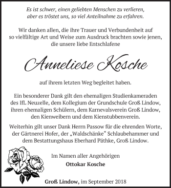 Traueranzeige von Anneliese Kosche von Märkische Oderzeitung