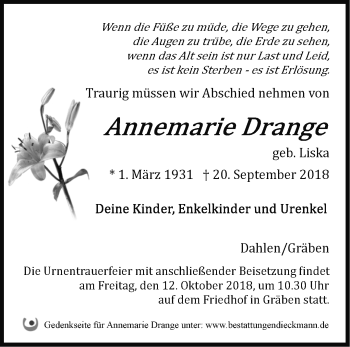 Traueranzeige von Annemarie Drange von Märkische Oderzeitung