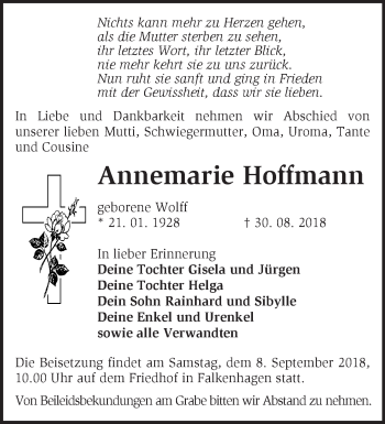 Traueranzeige von Annemarie Hoffmann von Märkische Oderzeitung