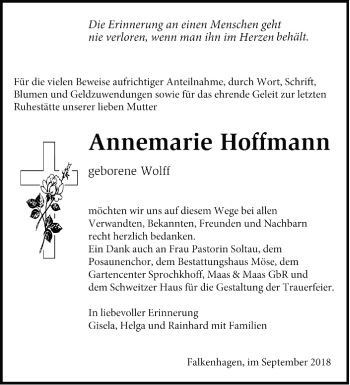 Traueranzeige von Annemarie Hoffmann von Märkische Oderzeitung