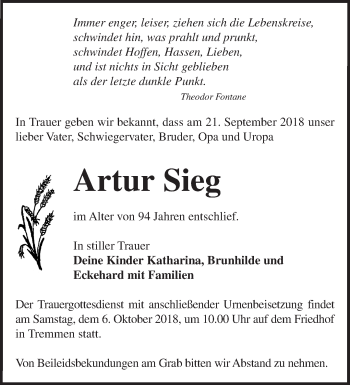 Traueranzeige von Artur Sieg von Märkische Oderzeitung