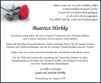 Traueranzeige von Beatrice Herbke von Märkische Oderzeitung